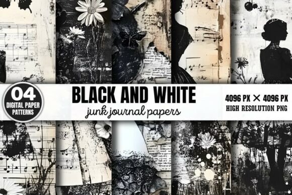 Black and White Junk Journal Paper Patte