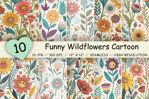 Funny Wildflowers Cartoon Pattern, Cute: A Creative Digital Resource