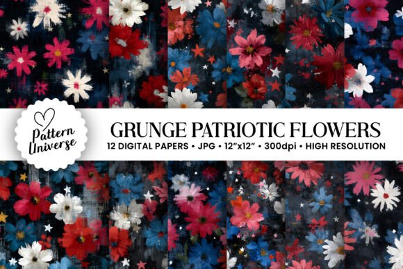 Grunge Patriotic Flowers Digital Papers