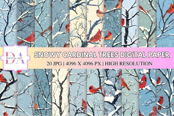 Snowy Cardinal Trees Digital Paper: A Winter Wonderland for Creative Projects