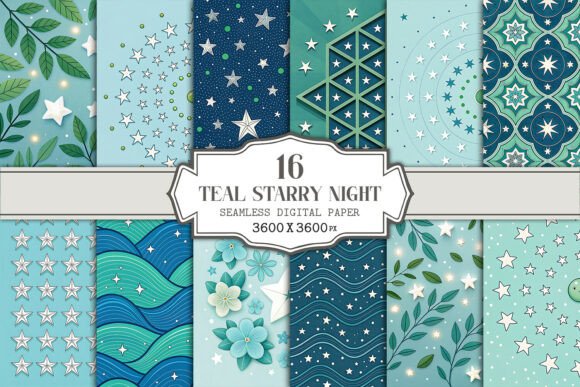 Teal Starry Night Seamless Pattern Bundle for Creative Workflow Integration